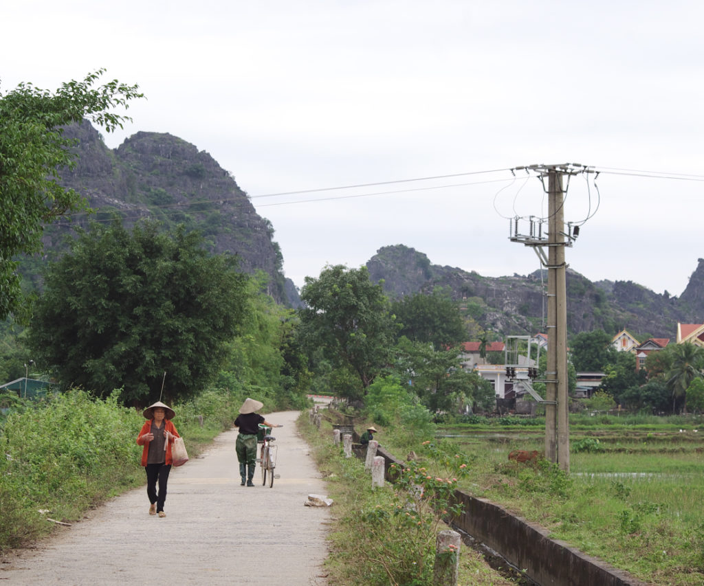 編み笠をかぶった人たちが歩くベトナムの田舎道
